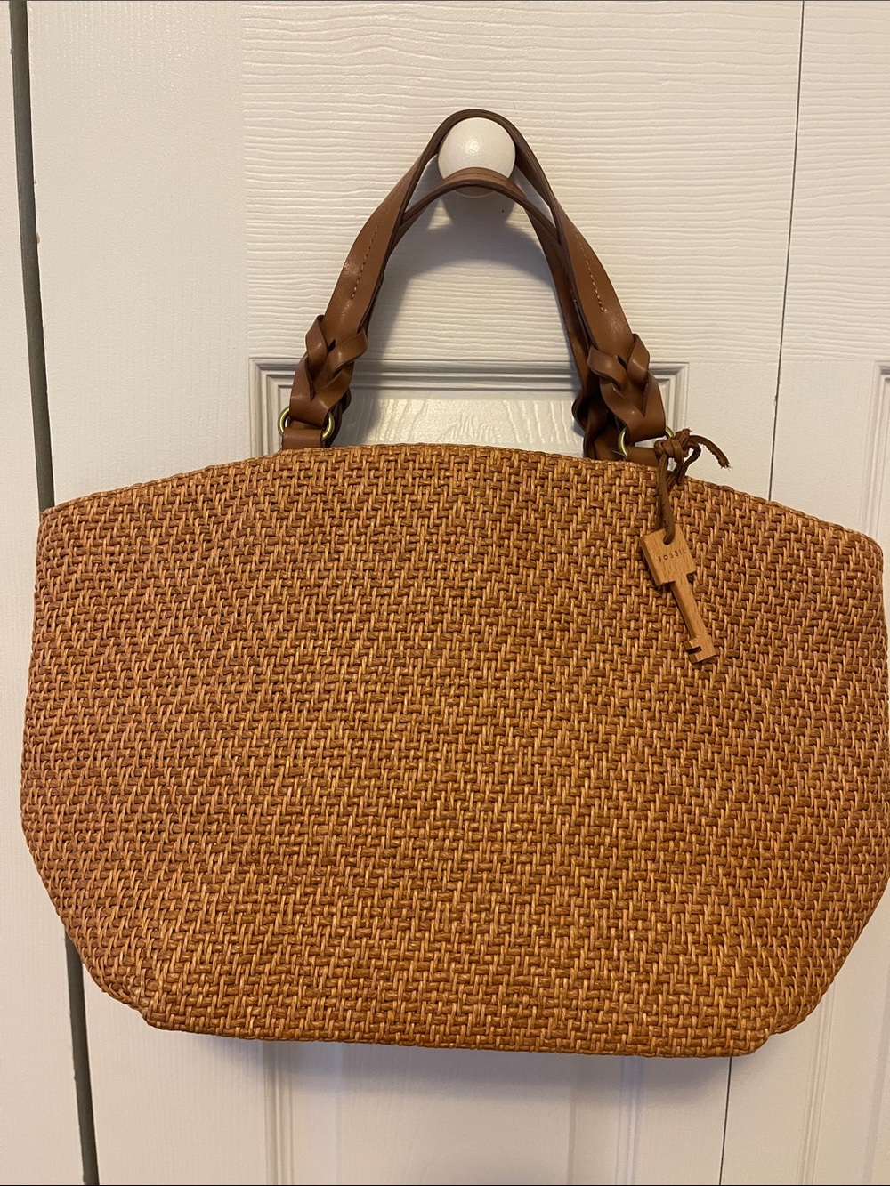 Fossil Braided-Handle Woven Tote in Brown